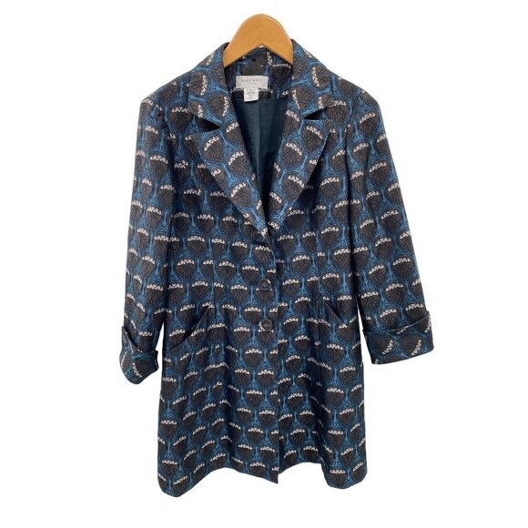 Nine West Coat Womens Petite‎ Medium Blue Brown Silk Rayon Geometric Print Lined - Picture 1 of 11